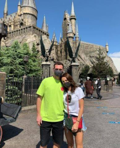 Polly Parsons with her husband Thomas Vermaelen on holiday at Universal Studios in Japan.